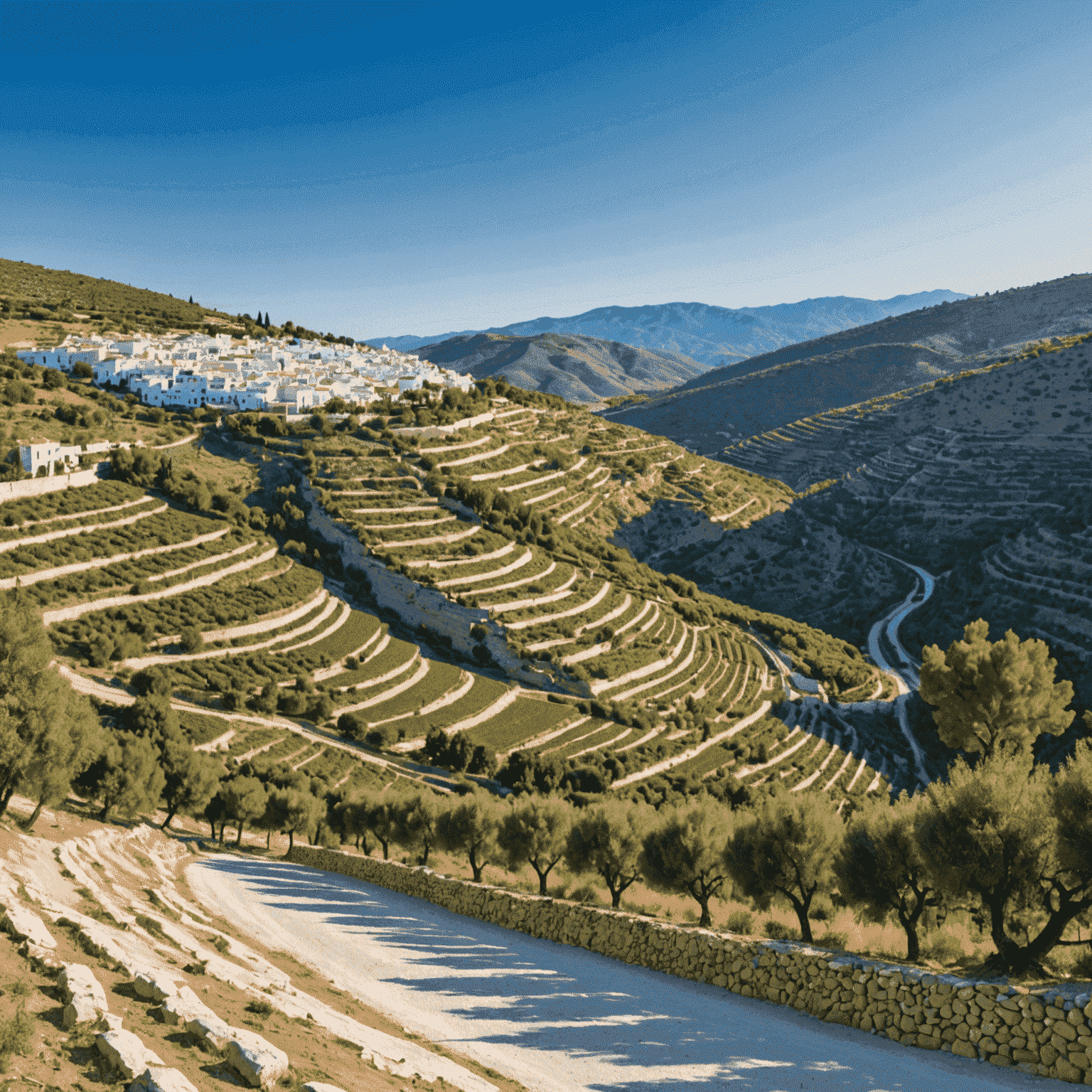 Vista panorámica de terrazas blancas con vistas a olivares y pueblos blancos de Andalucía bajo un cielo azul brillante