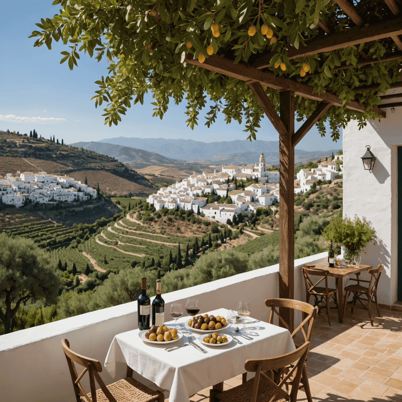 Vista panorámica de una terraza andaluza con vistas a pueblos blancos y olivares. La terraza tiene mesas de madera y sillas con sombrillas blancas. En primer plano, una copa de vino tinto y un plato de aceitunas.