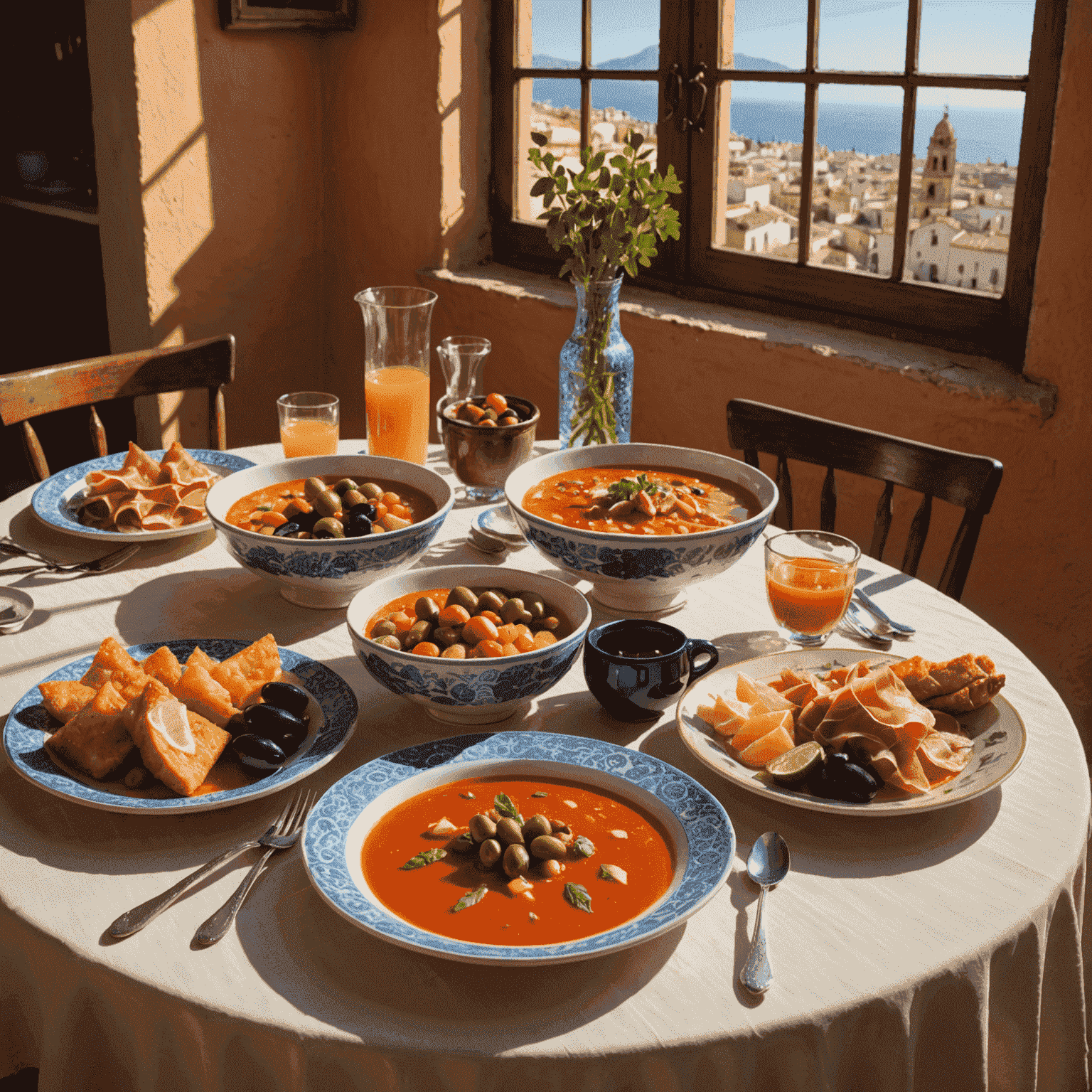Mesa con platos típicos andaluces: gazpacho, pescaíto frito, jamón ibérico y aceitunas. La luz del sol entra por una ventana, iluminando los coloridos platos.