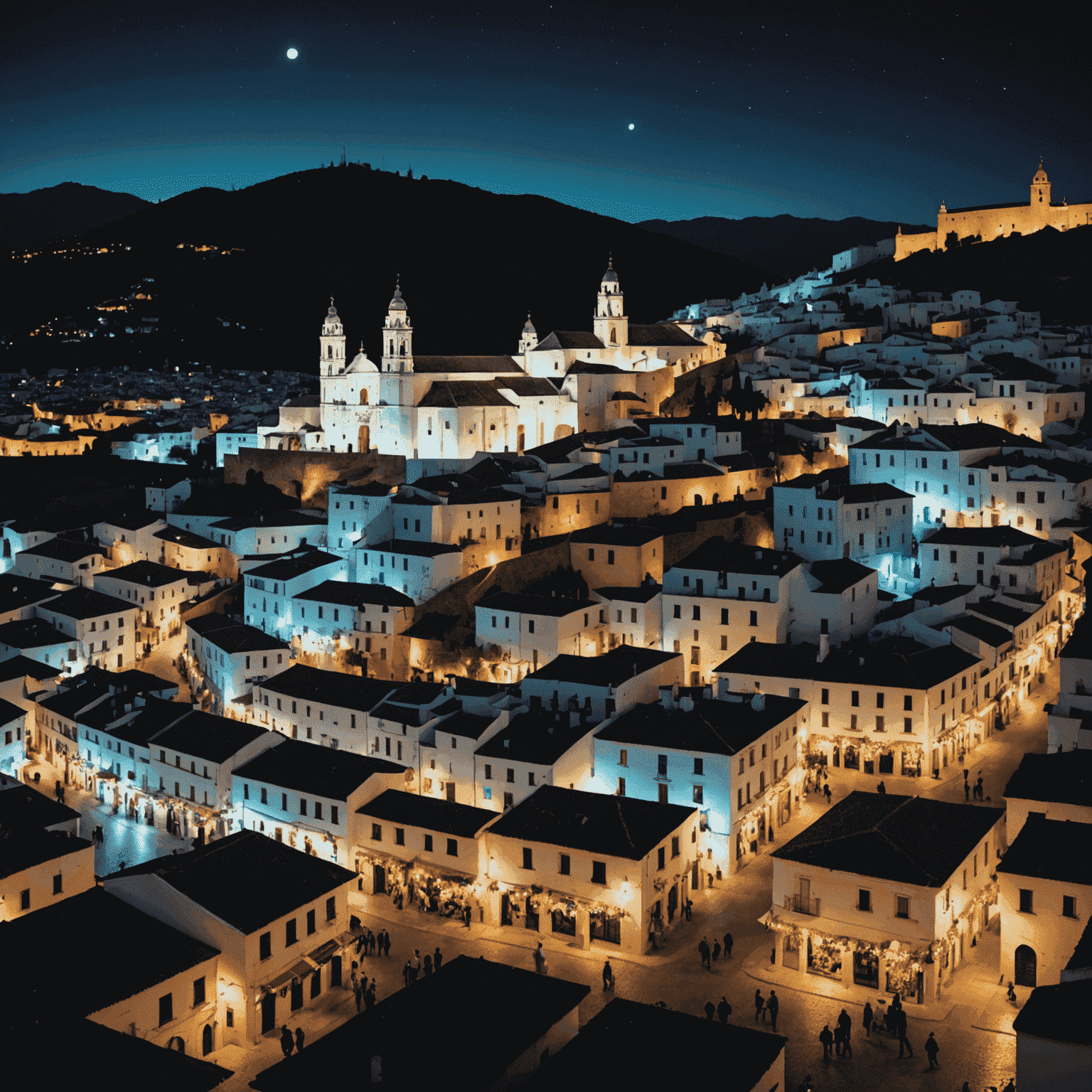 Vista panorámica nocturna de un pueblo blanco andaluz iluminado durante un festival de luz, con proyecciones coloridas sobre los edificios y calles llenas de gente celebrando