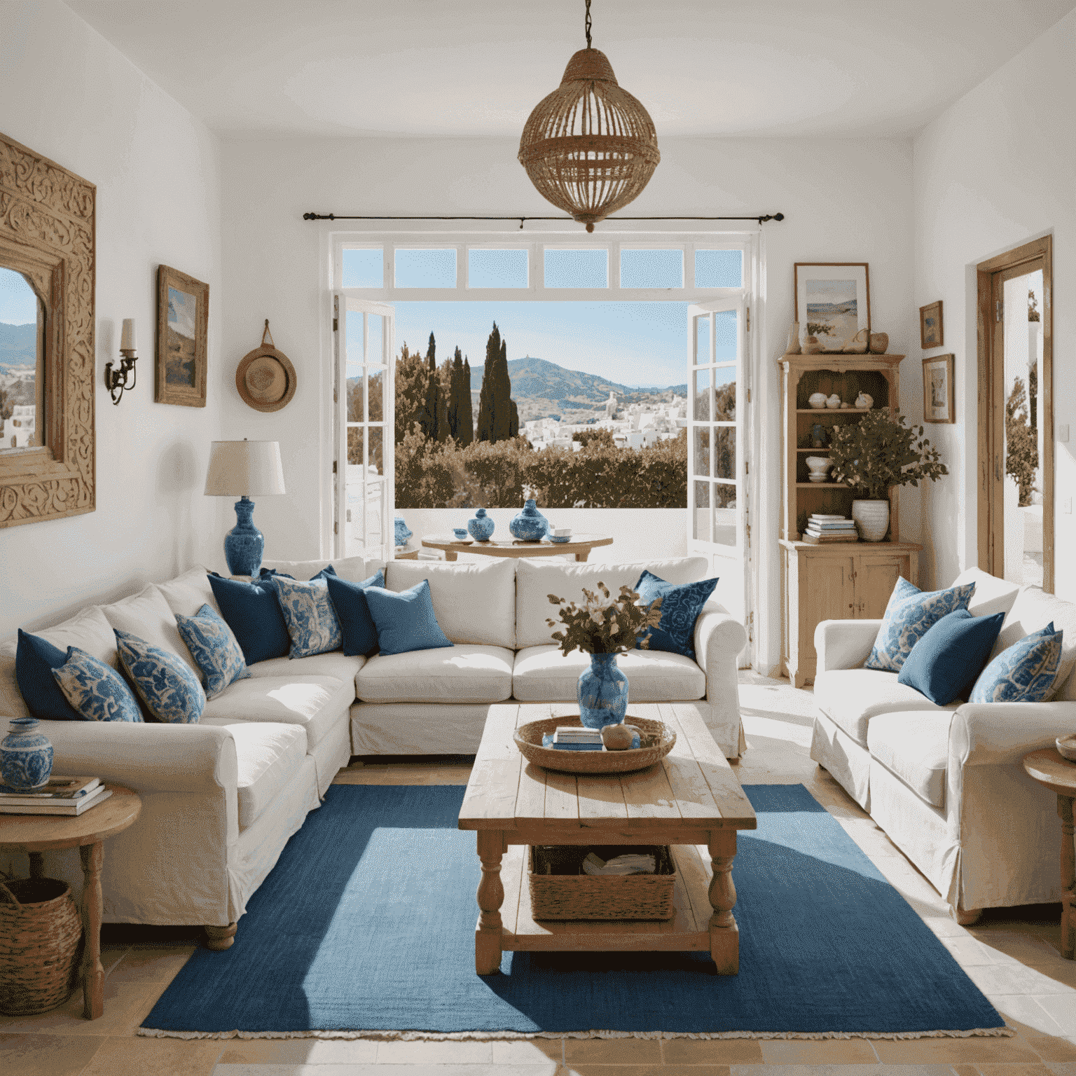 Imagen de un interior luminoso con paredes blancas, muebles de madera clara y toques de azul mediterráneo, representando el estilo andaluz