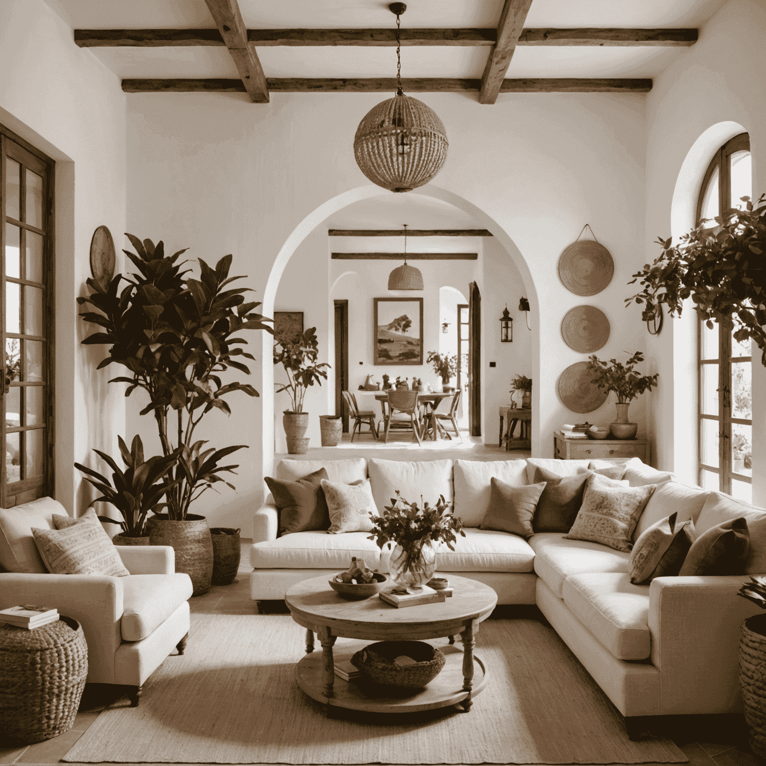 Sala de estar en estilo andaluz con paredes blancas, sofá beige, plantas mediterráneas y detalles en tonos tierra
