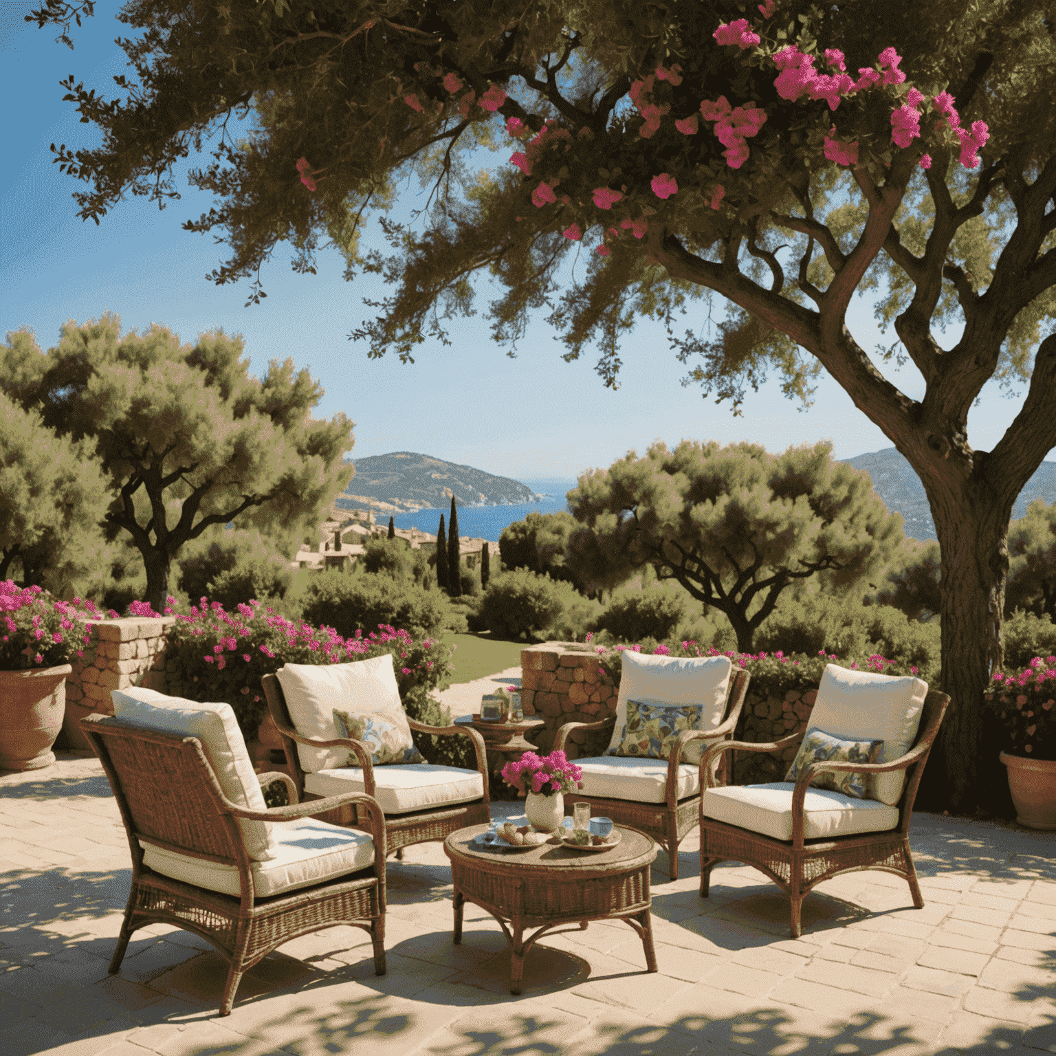 Terraza mediterránea con olivos centenarios, buganvillas en flor y una zona de descanso con cómodos sillones de mimbre. El sol de la tarde baña la escena en una luz dorada, creando sombras suaves y acogedoras.