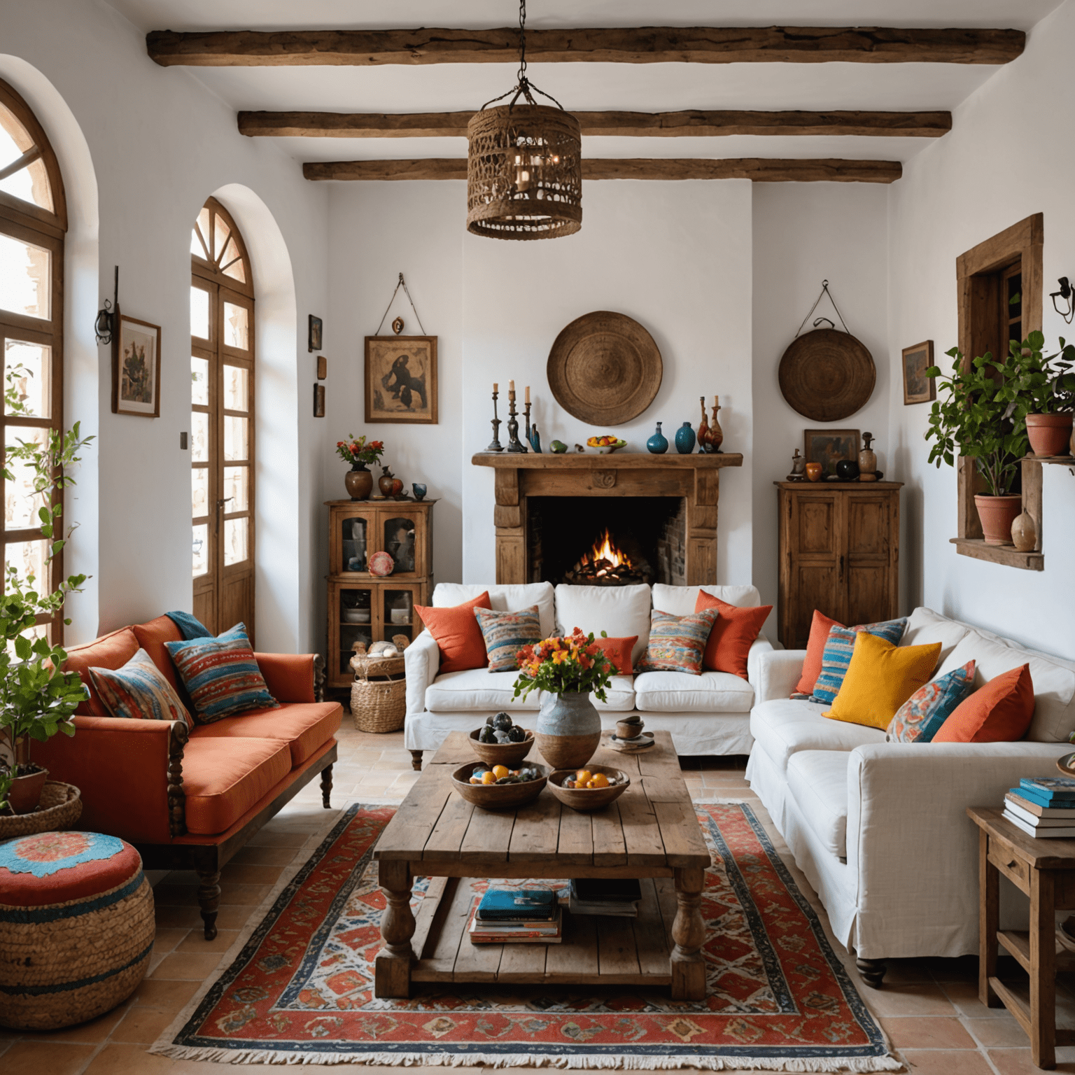 Una sala de estar decorada en estilo andaluz con paredes blancas, muebles de madera rústica, textiles coloridos y elementos decorativos típicos de la región