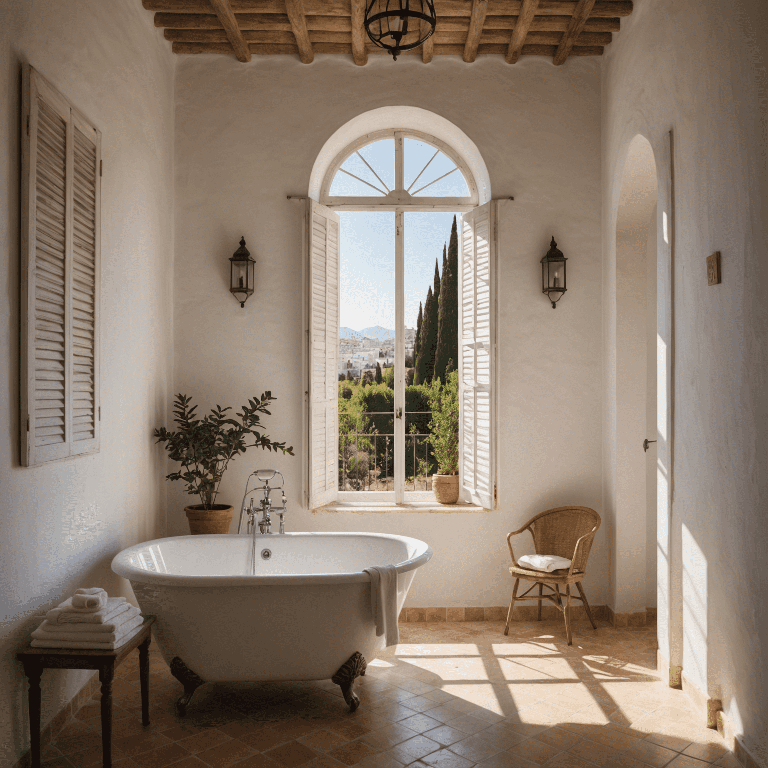 Habitación bañada en luz natural andaluza, con paredes blancas y sombras suaves proyectadas por una ventana con celosías
