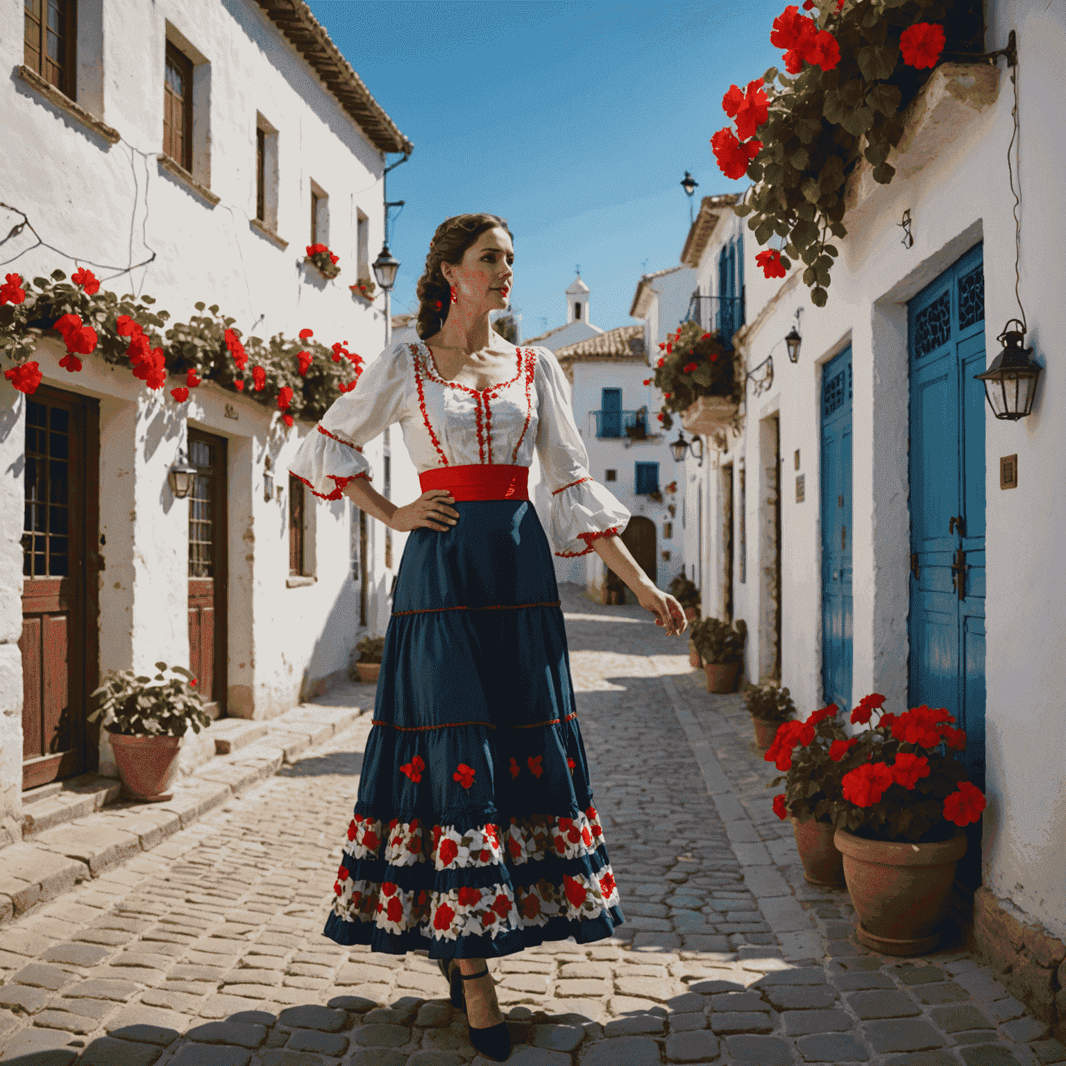 Mujer con vestido flamenco posando en una calle empedrada de un pueblo blanco andaluz, con geranios rojos en los balcones y el sol brillando en el cielo azul