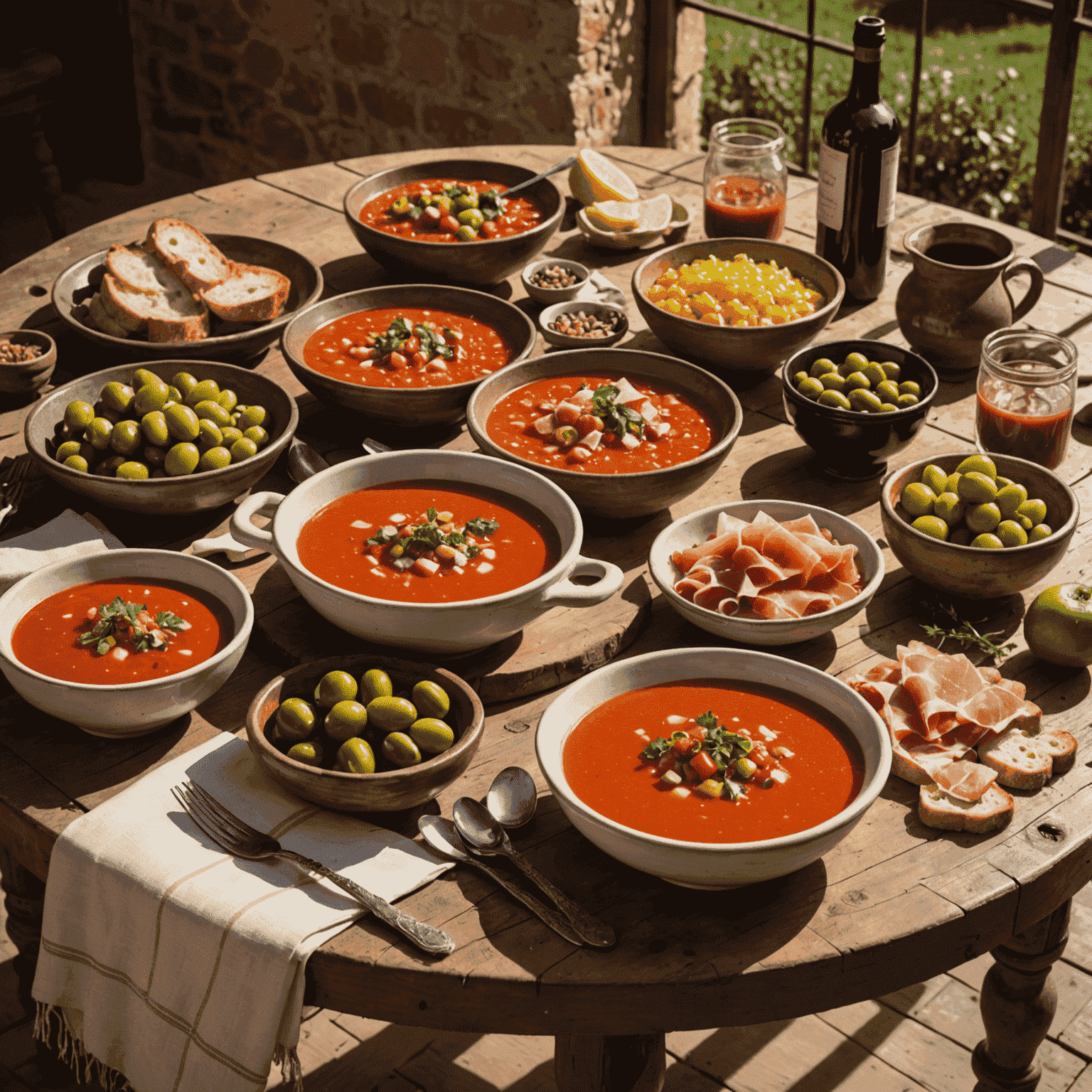 Mesa rústica con platos típicos andaluces como gazpacho, jamón ibérico y aceitunas, iluminada por la luz del sol