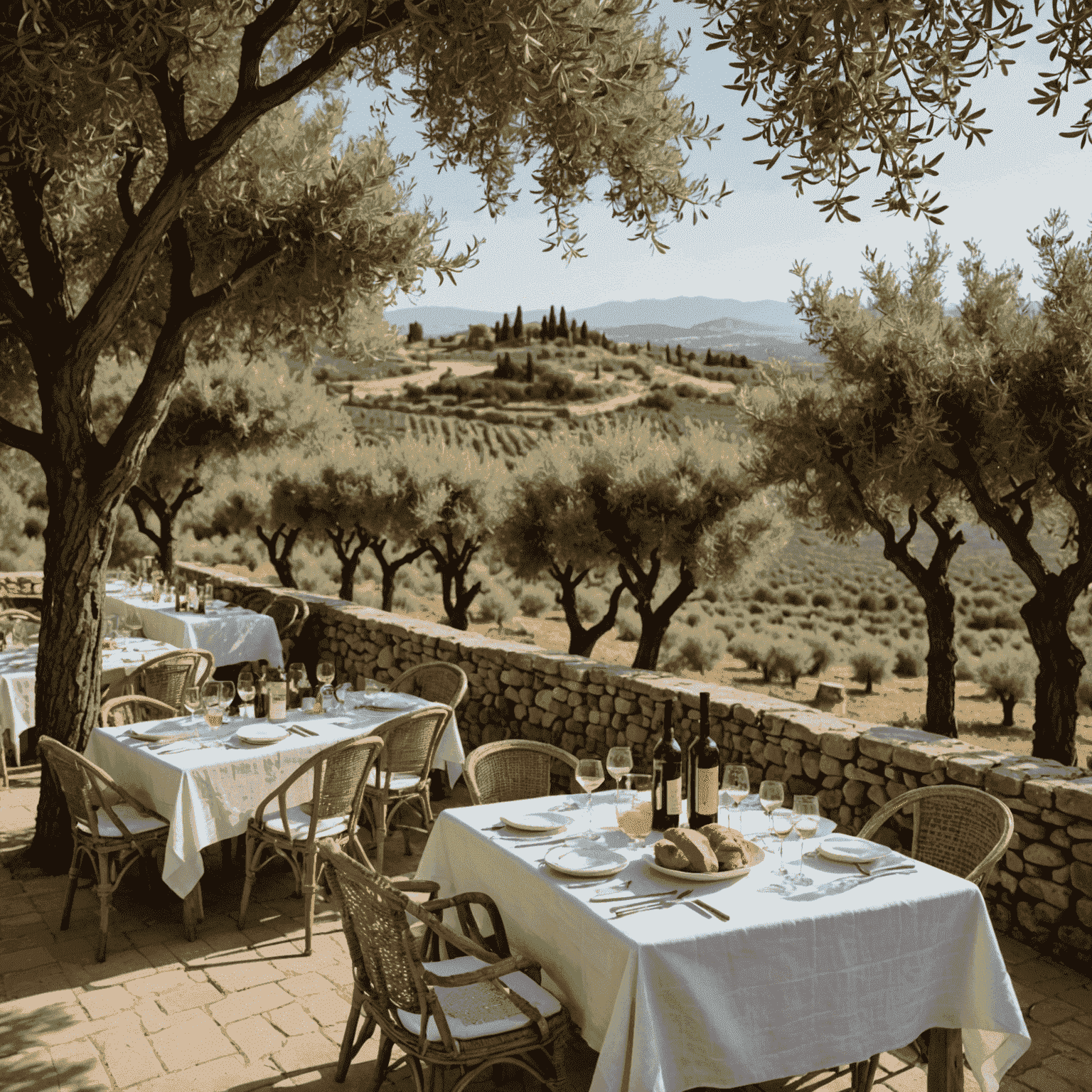 Una terraza elevada con vistas a un mar de olivos. Mesas de madera rústica con manteles blancos y sillas de mimbre. En una mesa, una botella de aceite de oliva y pan recién horneado.