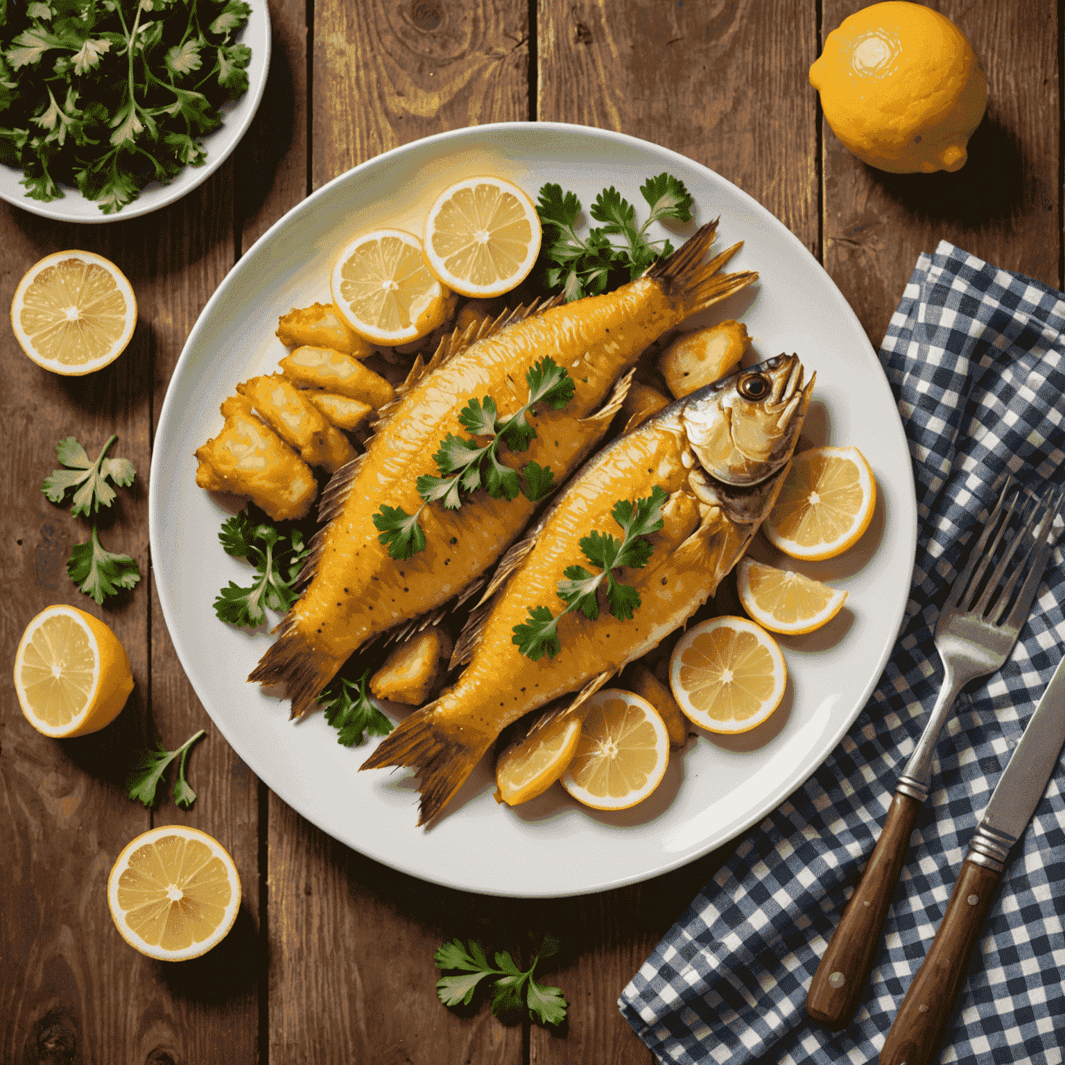 Plato de pescaíto frito dorado y crujiente, acompañado de rodajas de limón y perejil fresco. El plato está sobre una mesa de madera rústica con un mantel a cuadros.