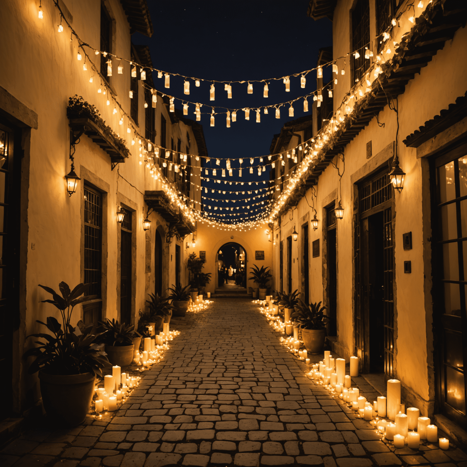 Un patio cordobés tradicional iluminado con cientos de velas y guirnaldas de luces, creando un ambiente mágico y romántico durante la Noche Blanca