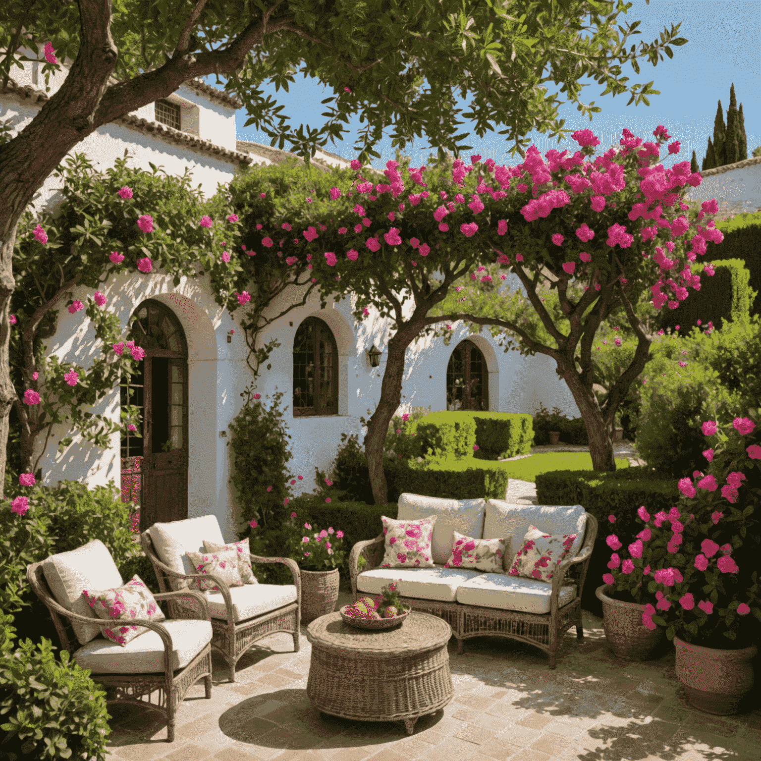Imagen de un hermoso jardín andaluz con olivos, buganvillas en flor y una acogedora zona de descanso con muebles de mimbre