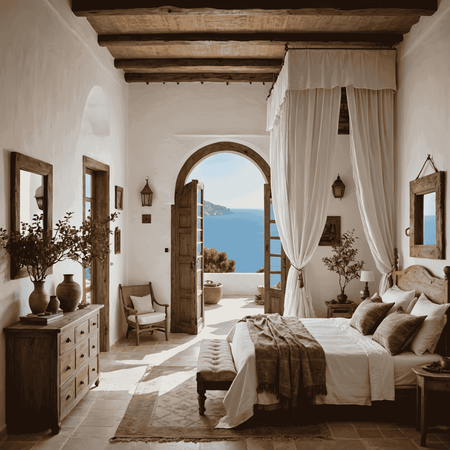 Dormitorio en estilo andaluz con paredes blancas, cama con dosel, textiles en tonos tierra y ventana con vista al mar Mediterráneo