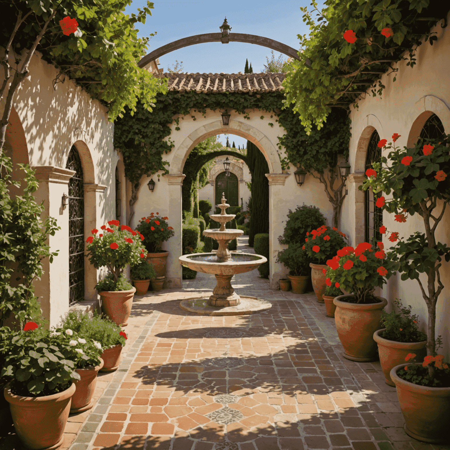 Jardín andaluz con una fuente de azulejos en el centro, rodeada de macetas de terracota con geranios rojos y blancos. Un camino de piedra serpentea entre olivos y cipreses, llevando a un banco de hierro forjado bajo una pérgola cubierta de jazmín.