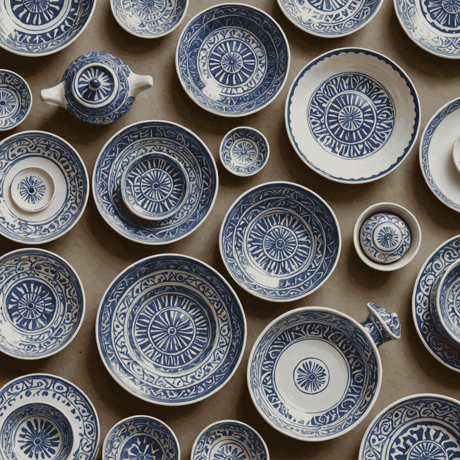 Cerámica pintada a mano con diseños geométricos típicos de Andalucía en tonos azules y blancos