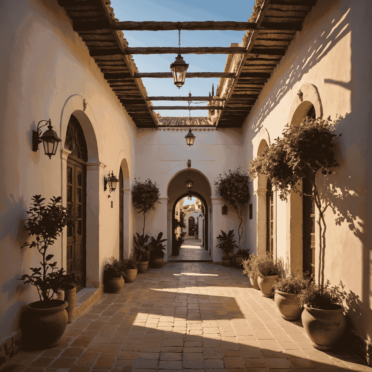 Patio andaluz al atardecer, con luces cálidas y sombras alargadas creando un ambiente acogedor