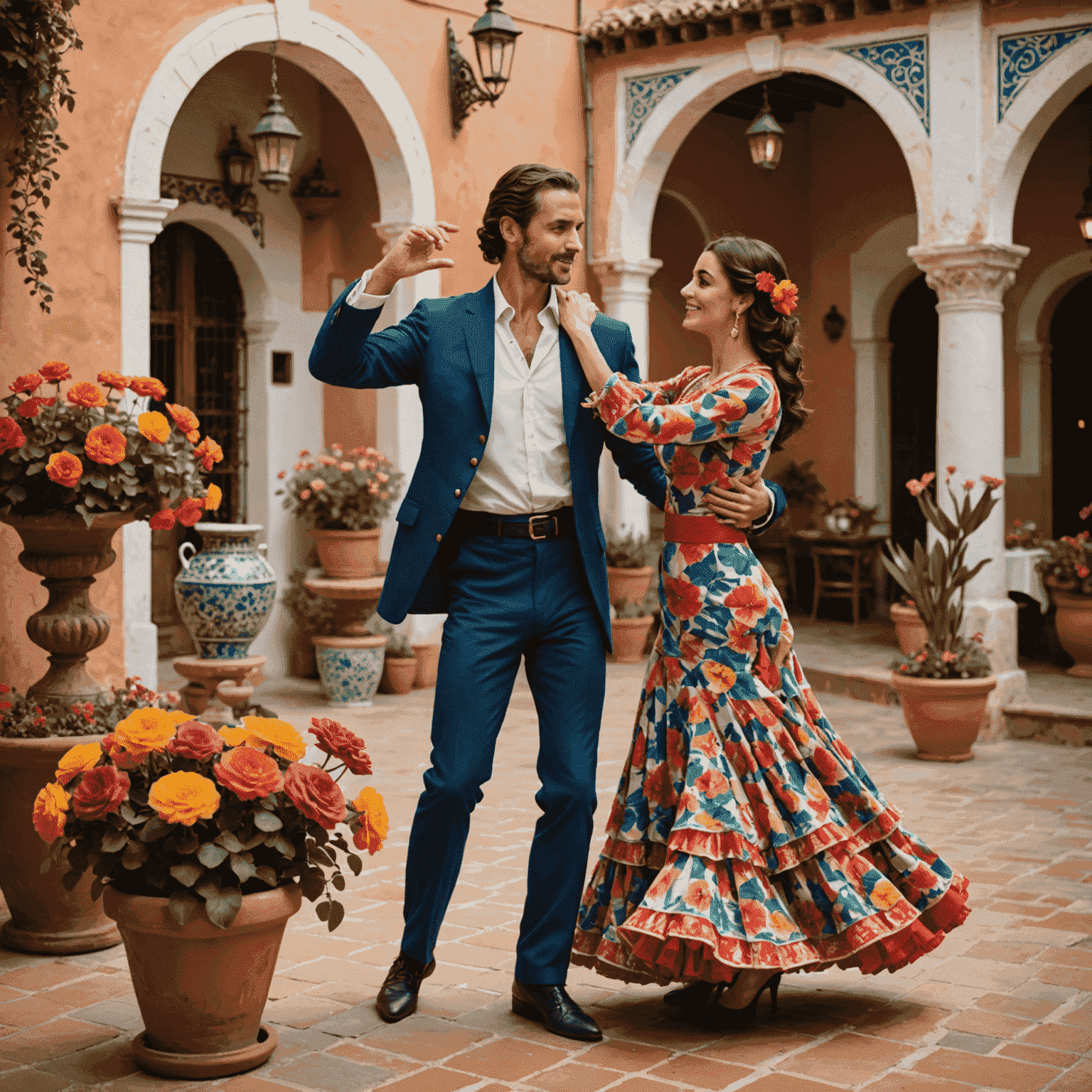 Pareja vestida con trajes tradicionales andaluces bailando flamenco en un patio lleno de macetas con flores coloridas, con una fuente de azulejos en el fondo