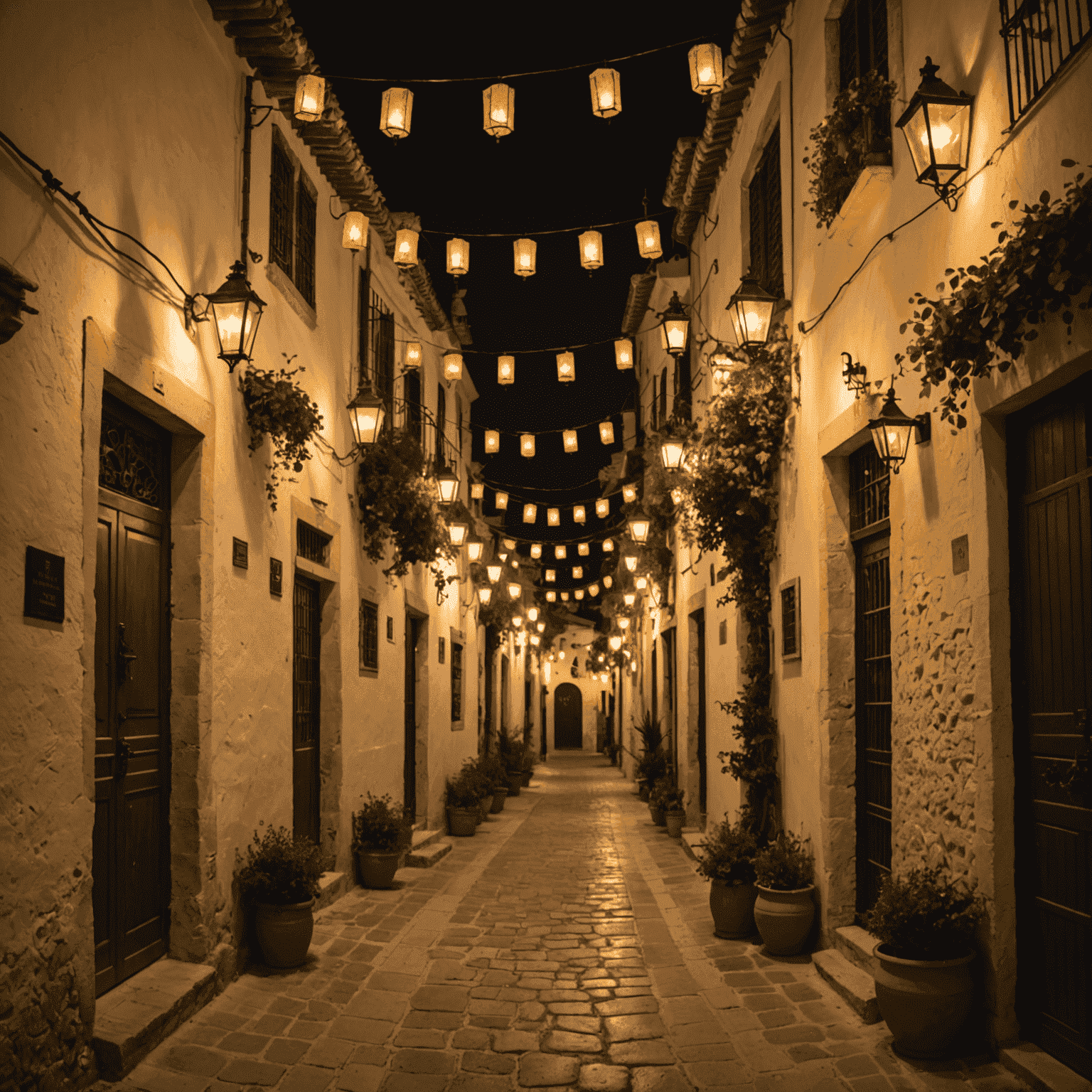 Calle estrecha de un pueblo andaluz iluminada con farolillos y luces festivas, creando un ambiente mágico nocturno