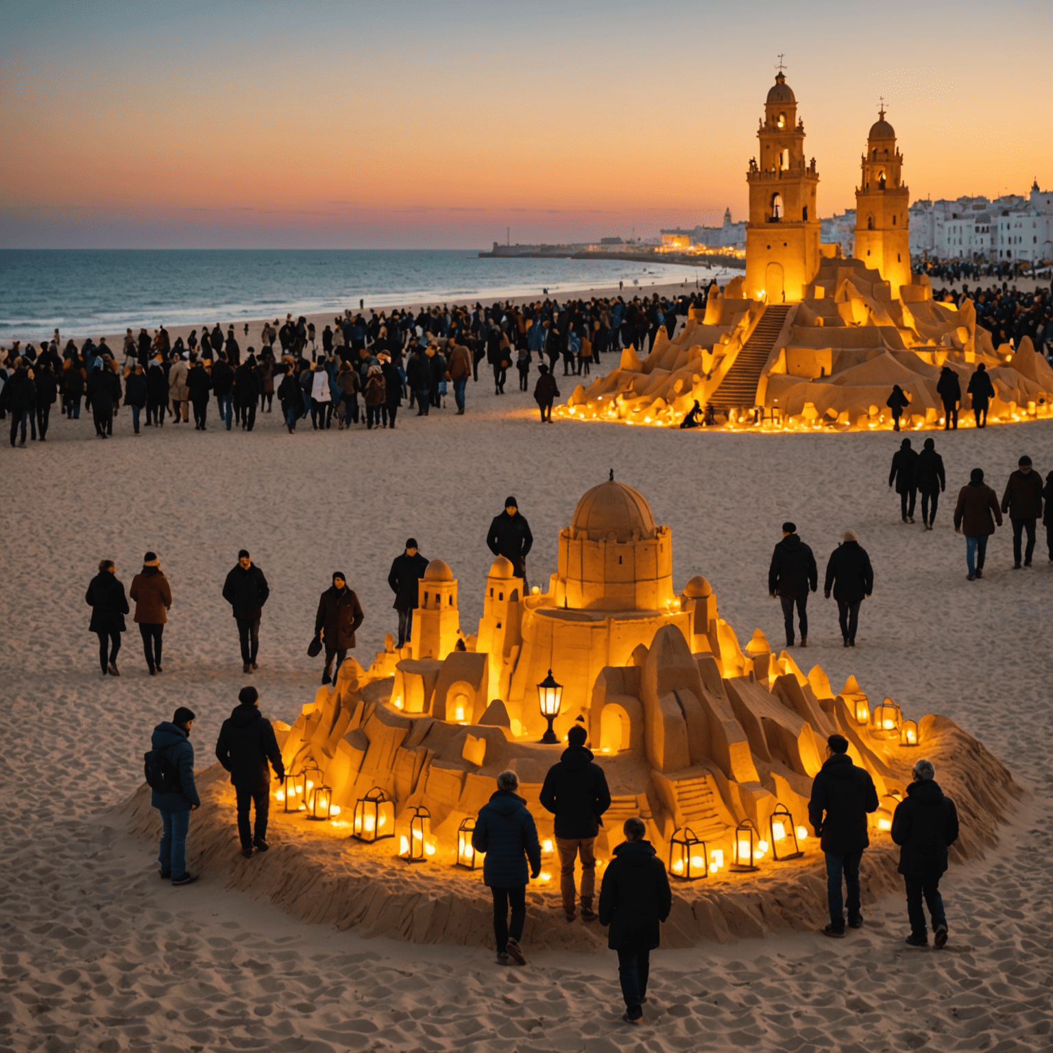 Playa de Cádiz al atardecer durante el festival del Solsticio de Invierno, con esculturas de arena iluminadas y gente paseando con faroles artesanales