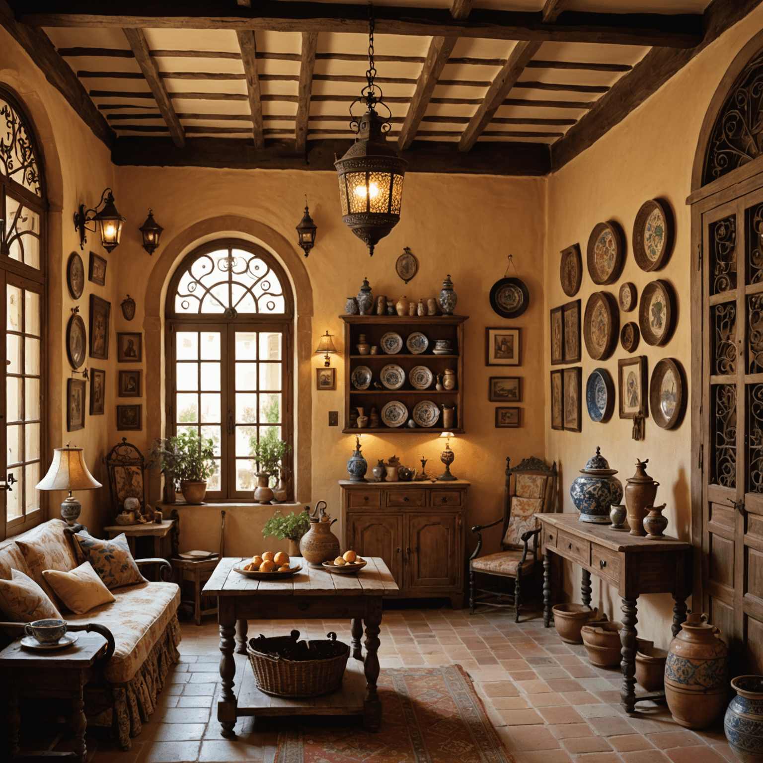 Imagen de una sala decorada con elementos auténticos andaluces, incluyendo cerámica pintada a mano, textiles bordados y lámparas de hierro forjado