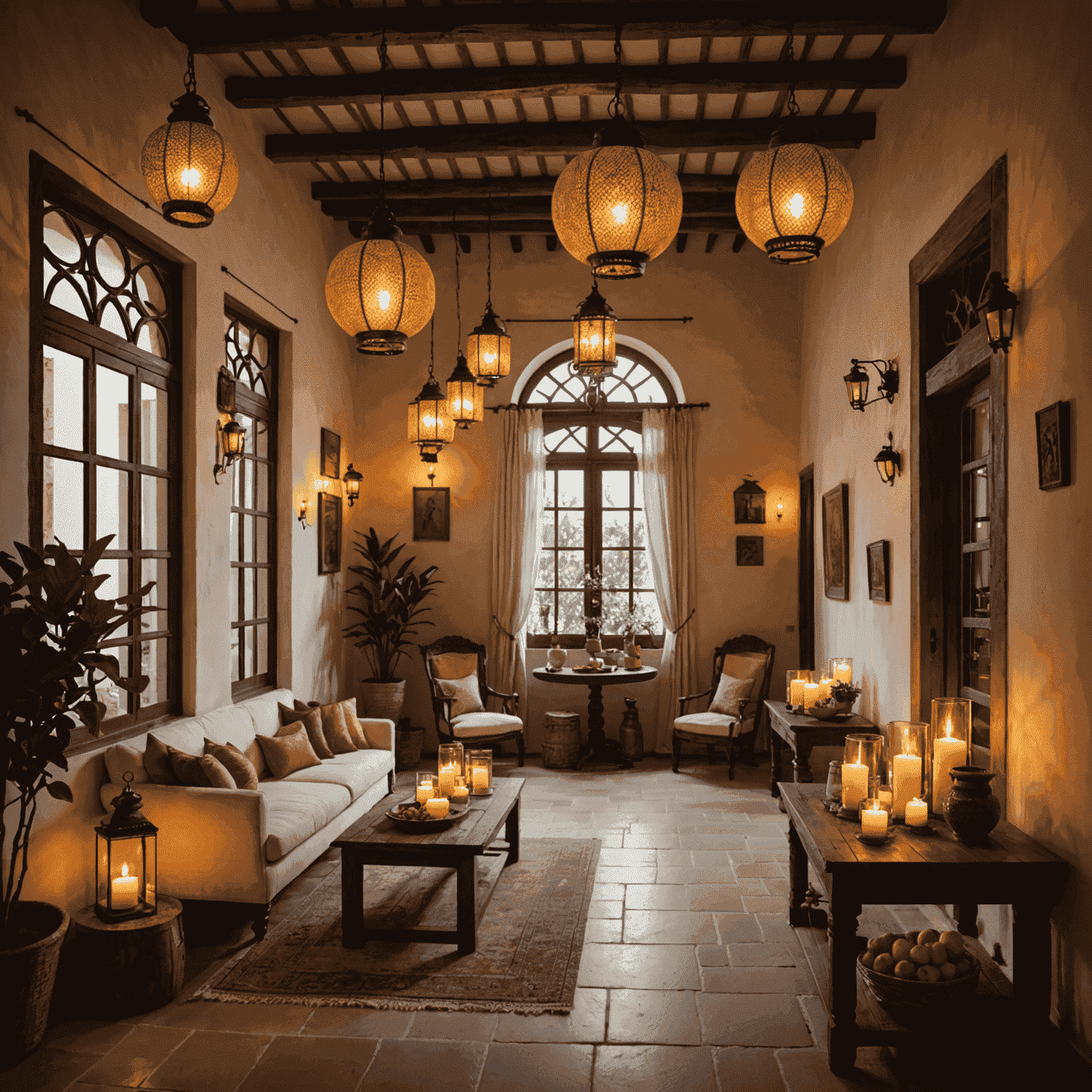 Imagen de un espacio interior bañado en luz natural, con lámparas colgantes de estilo andaluz y velas para crear un ambiente cálido