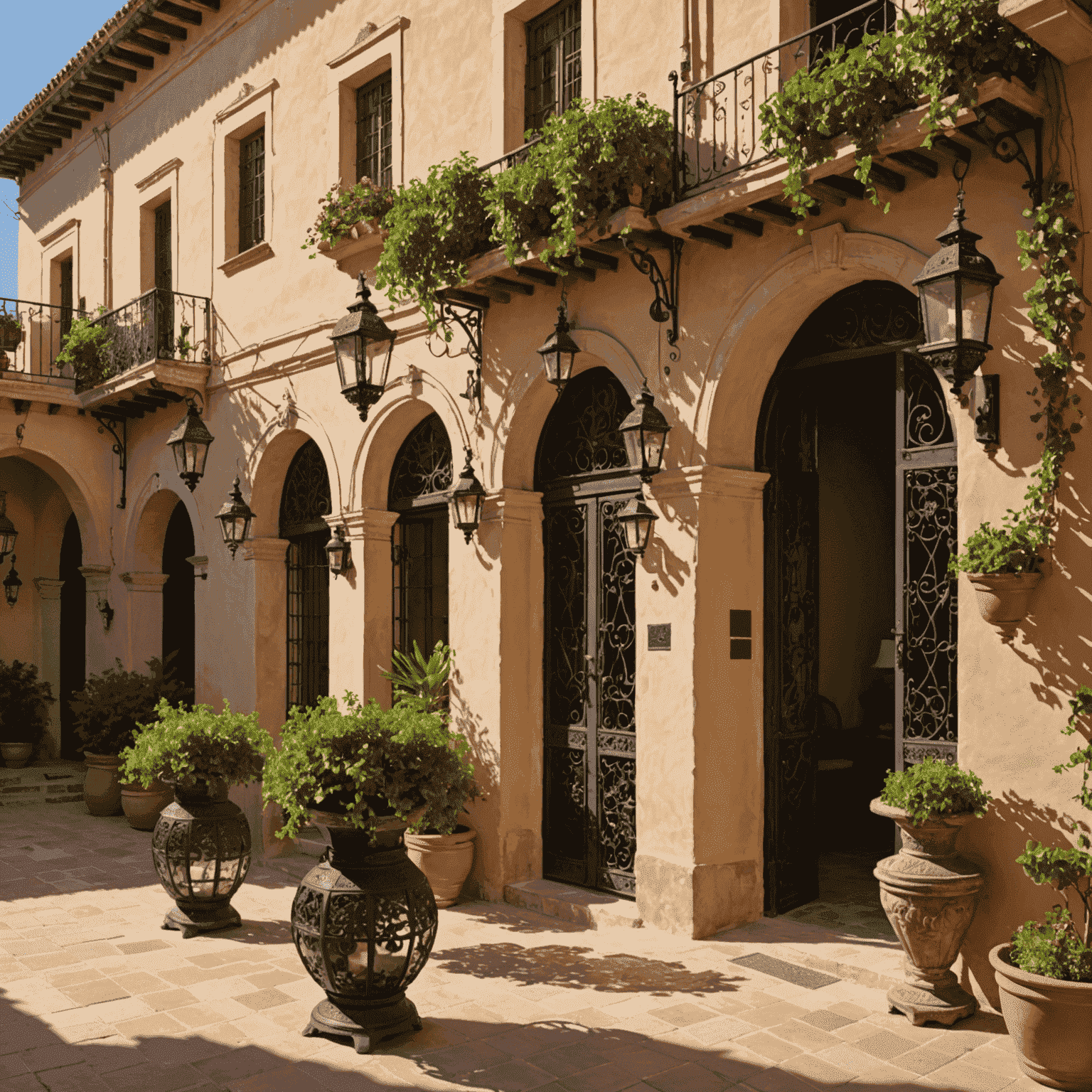 Faroles de hierro forjado y lámparas de estilo morisco colgando en una terraza andaluza