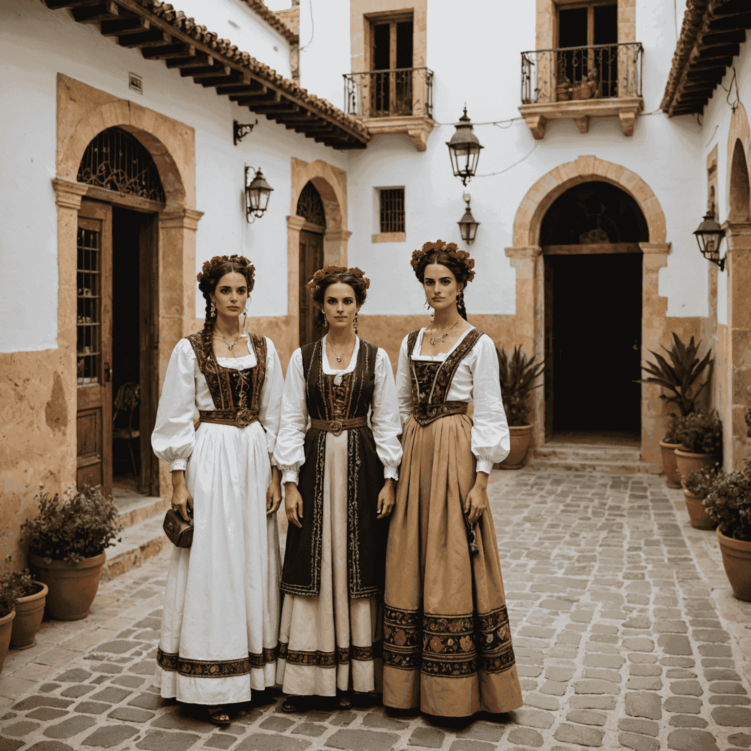 Imagen de una sesión de fotos en un patio andaluz, con modelos vestidos con ropa tradicional y accesorios típicos de la región