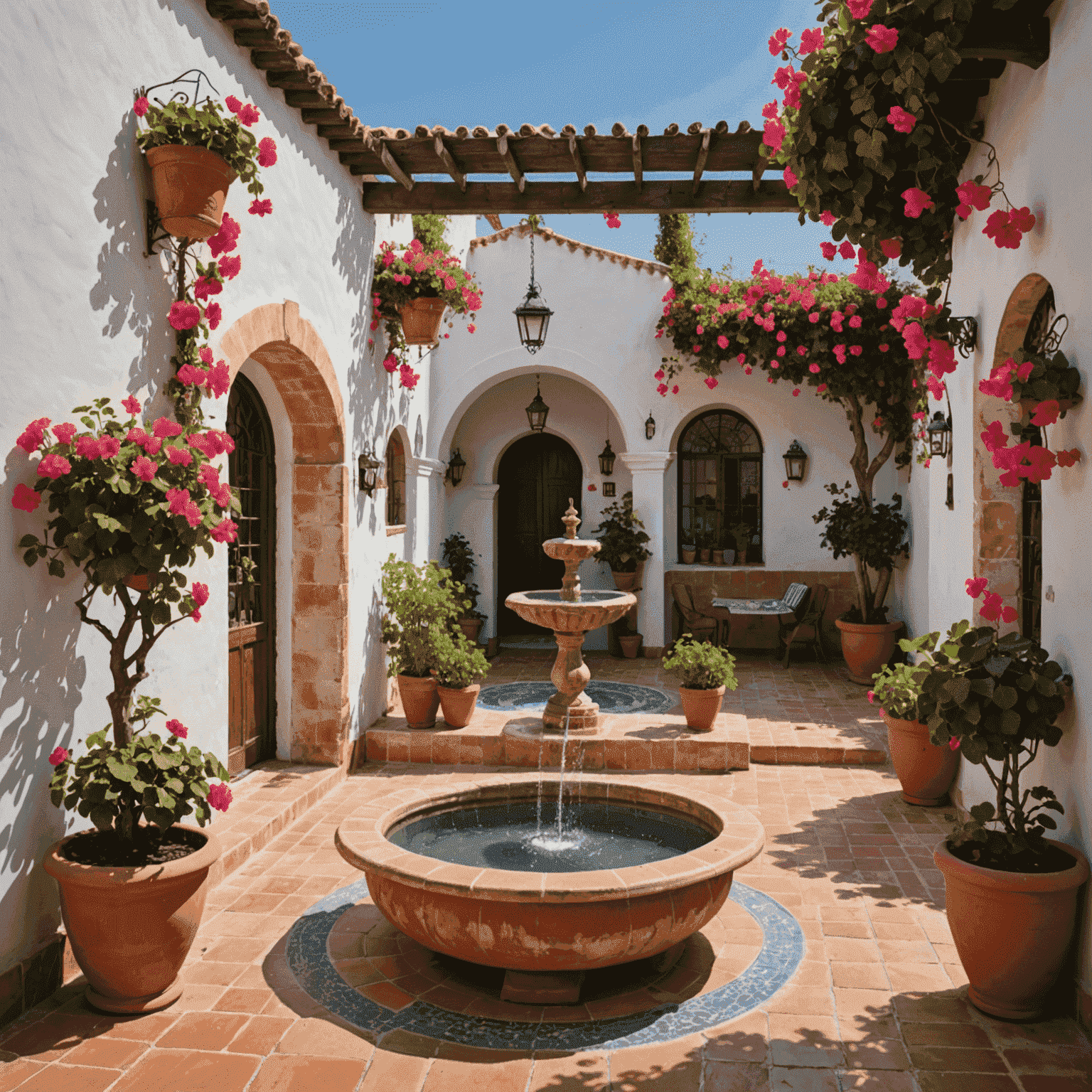 Un patio andaluz con fuente de azulejos, macetas de terracota con geranios y una pérgola cubierta de buganvillas